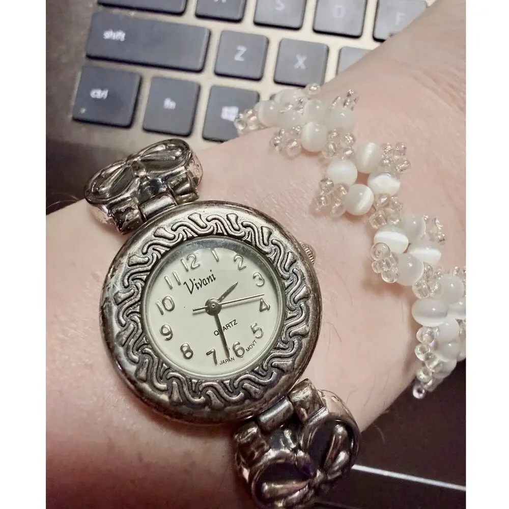 Vivani Watch and Bracelet Set Silver Floral White Beaded Romantic Gift